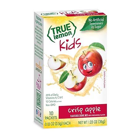 TRUE LEMON KIDS Crisp Apple (10 Packets) - Hydration, No Preservatives, No Artificial Flavors, No Sweeteners - Low Sugar Water Flavoring - Juice Powdered Drink Mix for Kids
