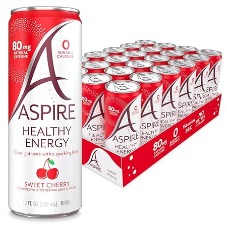 ASPIRE® Sweet Cherry, Healthy Energy Drink 80mg Natural Caffeine, Zero Sugar No Carbs Keto Friendly, 24 Pack Green Tea Sugar Free Drink Low Caffeine Zero Calorie