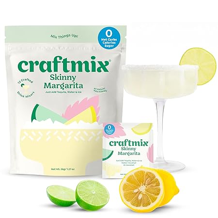 Craftmix Skinny Margarita Cocktail & Mocktail Drink Mixer, Skinny Mixes - Water Flavoring Packets - Made With Real Fruit - Vegan, No-Carb, No-Sugar, Non-GMO, Dairy Free, Gluten Free, 12 Pack