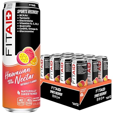 FITAID Post Workout Recovery Drink, Hawaiian Nectar, Passion Fruit, Orange & Guava, BCAAs, Glucosamine, Electrolytes, 40 Calories, 12 Fl Oz (Pack of 12)