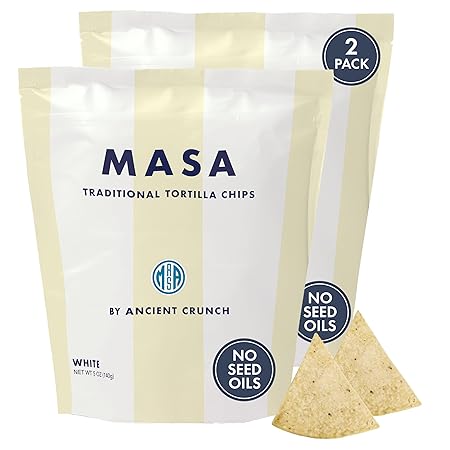 MASA Tortilla Chips Snack Pack - Seed Oil Free Snacks, Organic Chips Tortilla - Gluten & Dairy Free, Naturally Grown Corn Chip - Made with Grass Fed Tallow & Sea Salt (2 Pack, 5oz Each - White Corn)