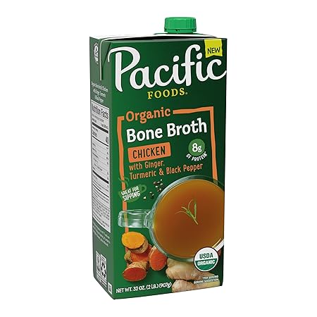 Pacific Foods Organic Chicken Bone Broth With Ginger, Turmeric, and Black Pepper, 32 oz Carton