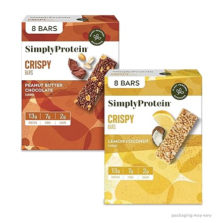 Simply Protein - Crispy Bars Variety Pack, Peanut Butter + Lemon Coconut - Plant Based Protein Bars - 13g Protein, 2g Sugar, 7g Fiber - Vegan, Gluten Free, Non GMO, Kosher - 16 Bars, 2 Boxes