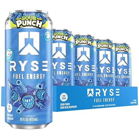 RYSE Fuel Energy Drink - Sour Punch Blue Raspberry - Sugar Free, Gluten Free & Vegan - 200mg Natural Caffeine, Taurine & Choline for Focus & Energy - No Artificial Colors - 16 fl oz Cans (12-Pack)