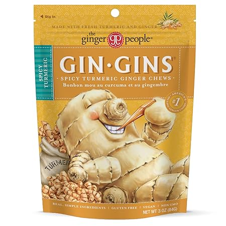 GIN GINS Spicy Turmeric Ginger Chews – 100% Natural Candy by The Ginger People – Individually Wrapped Healthy Treats - Made with the Fresh Rhizome – Turmeric Flavor – 3oz Bag – Pack of 12