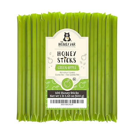The Honey Jar Green Apple Flavored Honey Sticks - Pure Honey Straws For Tea, Coffee, or a Healthy Treat - One Teaspoon of Flavored Honey Per Stick - Made In The USA with Real Honey - (100 Count)