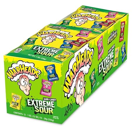 WARHEADS - Extreme Sour Hard Candy - Sour Apple, Black Cherry, Blue Raspberry, Lemon & Watermelon Flavors - 1 oz. Bags - 12 Pack