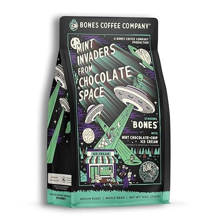 Bones Coffee Company Mint Invaders, Mint Chocolate Chip Flavored Coffee, Medium Roast Low Acid Arabica Beans Compatible with Auto drip and French Press Coffee Maker, 12 Oz Whole Bean