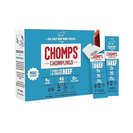 Chomps Snack Size Grass-Fed and Finished Sea Salt Beef Jerky Snack Sticks 0.5oz 24-Pack - Keto, Paleo, Whole30, 4g Lean Meat Protein, Gluten-Free, Zero Sugar Food, Non-GMO Chomplings