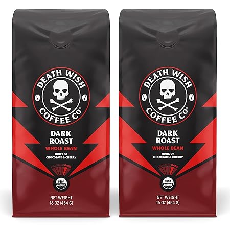 Death Wish Coffee, Whole Bean Dark Roast - USA Organic Coffee Beans Bundle/Bulk - Fair Trade Arabica & Robusta - 16 Ounce (Pack of 2)