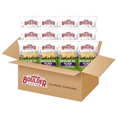 Boulder Canyon Kettle Cooked Potato Chips Wavy Cut 5.25 oz. Bag Count –Crunchy Chips Cooked in 100 Great for Lunches or Snacking on the Go, Malt Vinegar & Sea Salt, Avocado Oil, 63 Ounce, (Pack of 12)