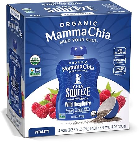 Mammachia Organic Chia Squeeze Vitality Snack, Wild Raspberry, No Added Sugar, Vegan Friendly, Kosher, USDA Certified Organic, Gluten Free & Non-GMO, 4 Count, 14 Ounce (Pack of 6)