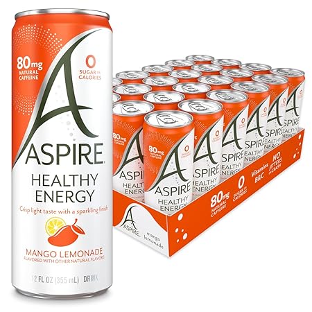 ASPIRE® Mango Lemonade, Healthy Energy Drink 80mg Natural Caffeine, Zero Sugar No Carbs Keto Friendly, 24 Pack Green Tea Sugar Free Drink Low Caffeine Zero Calorie