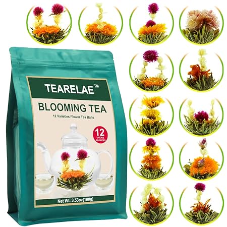 TEARELAE Blooming Tea Flowers - 12pcs Individually Sealed Flowering Balls - Hand-Tied Natural Green Tea Leaves & Edible Flowers - Gifts For Lovers
