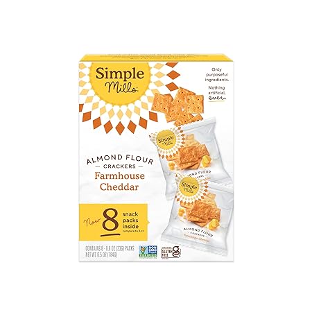 Simple Mills Almond Flour Crackers Snack Packs, Farmhouse Cheddar, Gluten Free, Flax Seed, Sunflower Seeds, Corn Free, Good for Snacks, 6.5 oz, Pack of 1 (8 Bags per Box)