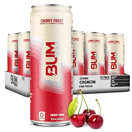 BUM Sugar-Free Energy Drink, Cherry Frost - Lightly Carbonated & No Artificial Colors, Natural Caffeine & Citicoline for Energy & Focus, Brain Boost & Workout Sports Beverage - 12 oz, Pack of 12