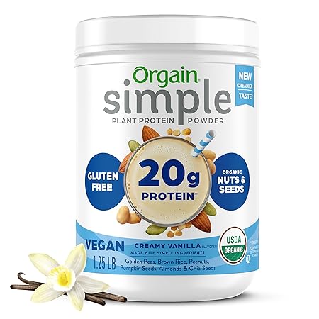 Orgain Organic Simple Vegan Protein Powder, Vanilla - 20g Plant Based Protein, Made with less Ingredients, No Artificial Sweeteners, Gluten Free, No Dairy or Lactose, 1.25 lb (Packaging May Vary)