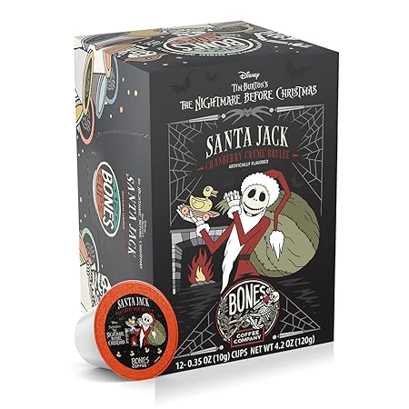 Bones Coffee Company Santa Jack, Cranberry Creme Brulee Flavored Coffee Pods, Low Acid Medium Roast Single-Serve Bones Cups for K-Cups Coffee Maker from The Nightmare Before Christmas, 12 Count