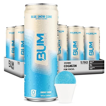 BUM Sugar-Free Energy Drink, Blue Snow Cone - Lightly Carbonated & No Artificial Colors, Natural Caffeine & Citicoline for Energy & Focus, Brain Boost & Workout Sports Beverage - 12 oz, Pack of 12
