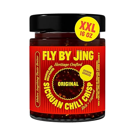 FLYBYJING XL Original Sichuan Chili Crisp: Premium Chili Oil w/Crunchy Garlic and Shallots - Spicy, Savory, Vegan, Sugar Free Hot Sauce - Good on Noodles, Proteins, Veggies & Everything, 16oz Jar