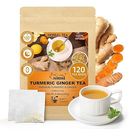 FullChea - Turmeric Ginger Tea Bags, 2g×120 Count - Premium Ginger & Turmeric - Non-GMO - Caffeine-free-Boost Immunity & Aid Digestion