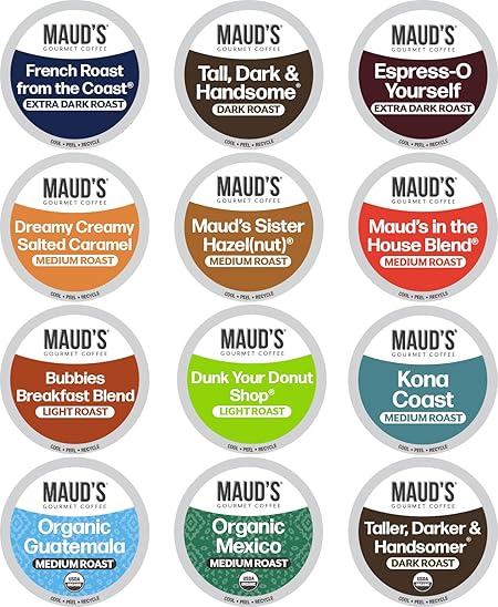 Maud's Family Pack Coffee Pods Variety Pack, 136 ct, 12 Assorted Flavors, Medium Roast Recyclable Single Serve Pods – 100% Arabica Coffee, Compatible with Keurig K Cups Maker
