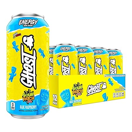 GHOST Energy Drink - 12-Pack, Sour Patch Kids Blue Raspberry, 16oz - Energy & Focus & No Artificial Colors - 200mg Natural Caffeine, L-Carnitine & Taurine - Gluten-Free & Vegan