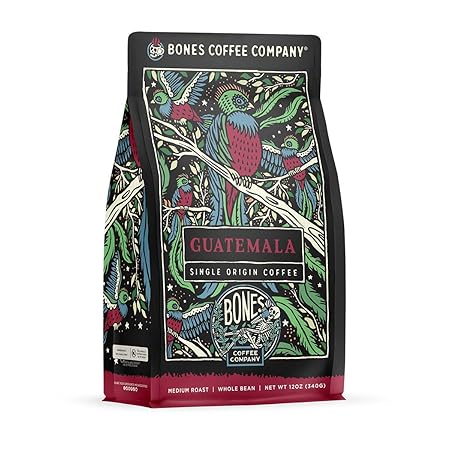 Bones Coffee Company Guatemala Single-Origin, Milk Chocolate, Citrus and Caramel Notes, Whole Coffee Beans, Low Acid Medium Roast Arabica Beans Flavored Coffee, 12 oz Whole Bean