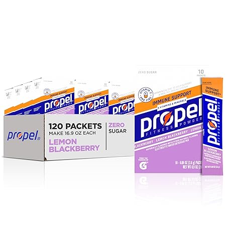 Propel Immune Support Electrolyte Enhanced Water Drink Mix Powder Packets, Lemon Blackberry, 100% DV Vitamin C, Good source of Zinc, Zero Sugar Hydration with Electrolytes and Vitamins (120 Packets)
