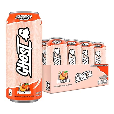 GHOST Energy Drink - 12-Pack, Peaches, 16oz - Energy & Focus & No Artificial Colors - 200mg of Natural Caffeine, L-Carnitine & Taurine - Gluten-Free & Vegan