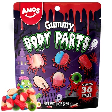 Amos Halloween Gummy Body Parts, Spooky Candy for Trick-or-Treat, Halloween Snacks, and Edible Decorations – Approx. 36 Individually Wrapped Pieces, 9oz Bag