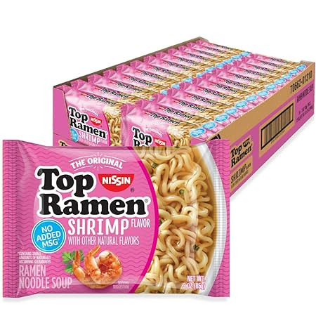 Nissin Top Ramen Noodle Soup, Shrimp Flavor, 3 Ounce (Pack of 24)