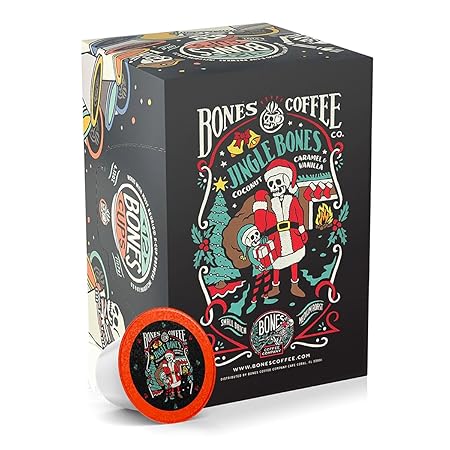 Bones Coffee Company Jingle Bones, Caramel Vanilla Coconut Flavored Coffee Pods, Low Acid Medium Roast Single-Serve Bones Cups, Compatible with 1.0 & 2.0 K-Cups Brewers Coffee Maker, 12 Count