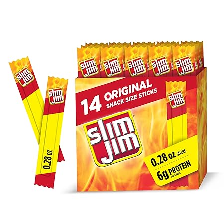 Slim Jim Smoked Meat Sticks, Original Flavor, 6g Protein Per Serving, Snack Size, Halloween Snack, 0.28 oz. (14 Count)