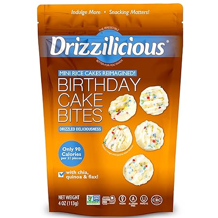 Drizzilicious Mini Rice Cakes Birthday Cake - Rice Crisps, Healthy Snack for Adults and Kids, Flavored Rice Cakes, Vegan, Gluten Free, Allergen Free, Only 90 Calories Per Serving - 4 oz (Pack of 6)