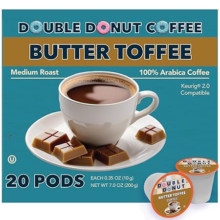 Double Donut Butter Toffee Flavored Coffee Pods, Medium Roast Coffee, compatible with Keurig K Cups Brewers, 20 Count
