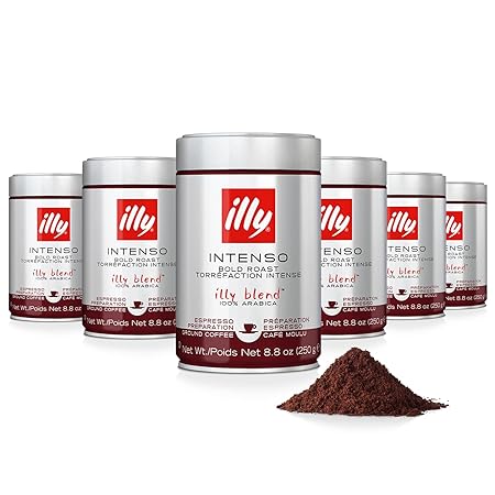 illy Ground Coffee Espresso - 100% Arabica Coffee Ground – Intenso Dark Roast – Warm Notes of Cocoa & Dried Fruit - Rich Aromatic Profile - Precise Roast - No Preservatives – 8.8 Ounce, 6 Pack