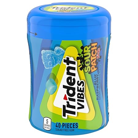 Trident Vibes SOUR PATCH KIDS Blue Raspberry Sugar-Free Chewing Gum, 40 Piece Bottle