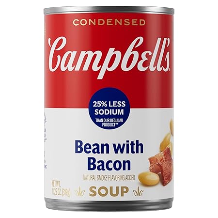 Campbell’s Condensed 25% Less Sodium Bean With Bacon Soup, Natural Smoke Flavoring Added, 11.25 oz Can