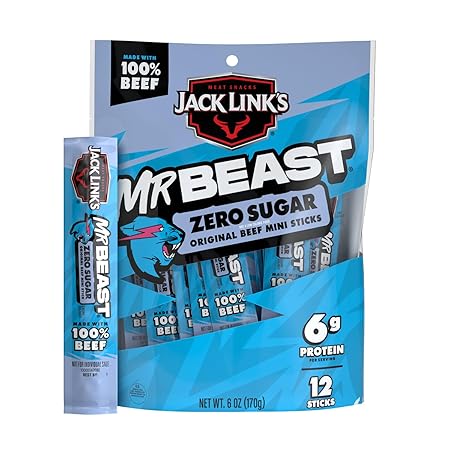 Jack Link’s x MrBeast Zero Sugar Mini Beef Sticks – 6g Protein per 2 Individually-Wrapped Meat Sticks, Made with 100% Real Beef, Perfect for School Lunches, Kids Snacks, 12 Count of .5oz Sticks