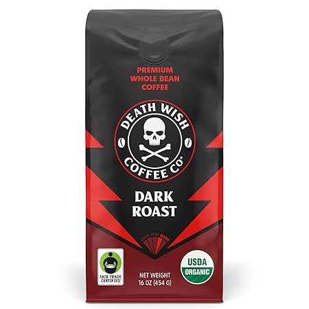 Death Wish Coffee, Organic and Fair Trade Dark Roast Whole Bean Coffee, 16 oz