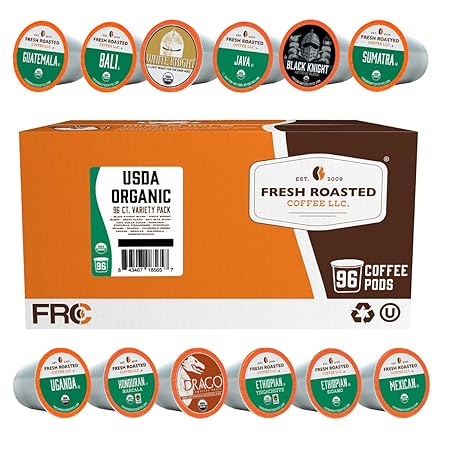 Fresh Roasted Coffee, USDA Organic Variety Pack | 96 Pods for K Cup Brewers