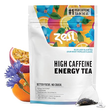 Zest Energy Tea - Blue Lady - High Caffeine Passion Fruit Black Tea Bags - Caffeinated Coffee Altnernative/Substitute - Natural, Non-GMO & Keto Friendly - Hot or Iced - 20Ct Pack - 150mg Caf