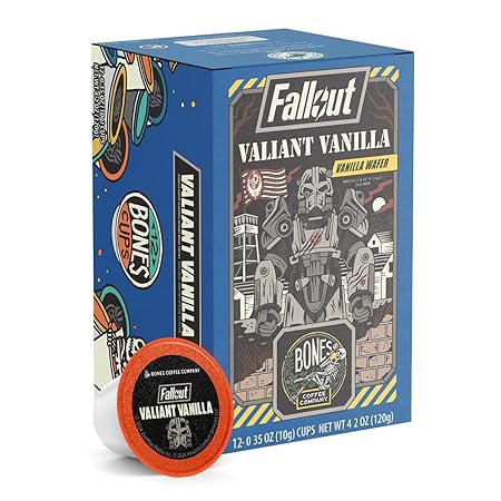 Bones Coffee Company Fallout Valiant Vanilla, Vanilla Wafer Flavored Coffee Pods, Low Acid Medium Roast Single-Serve Bones Cups, Compatible with 1.0 & 2.0 Capsule Brewers Coffee Maker, 12 Count