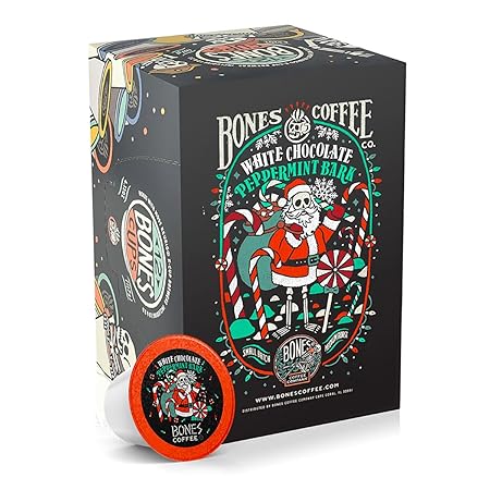 Bones Coffee Company White Chocolate Peppermint Bark Flavored Coffee Pods, Low Acid Medium Roast Single-Serve Bones Cups, Compatible with K-Cups Brewers Coffee Maker, 12 Count