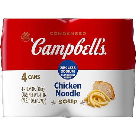 Campbell’s Condensed 25% Less Sodium Chicken Noodle Soup, 10.75 oz Can (4 Pack)