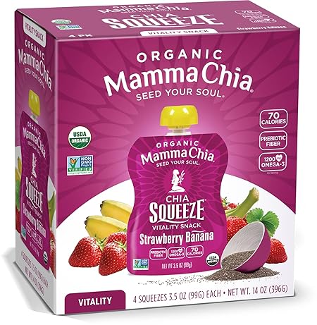 Mamma Chia Organic Vitality Squeeze Snack, Strawberry Banana, 24- 3.05 Ounce Chia Pouches. USDA Organic, Non-GMO, Vegan, Gluten Free, and Kosher. Fruit and Vegetables with only 70 Calories