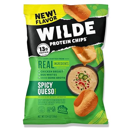 WILDE Protein Chips Spicy Queso, Thin and Crispy High Protein Snacks, Keto Friendly, Low Carb Chips, Real Ingredients, 1.34oz (Pack of 8)