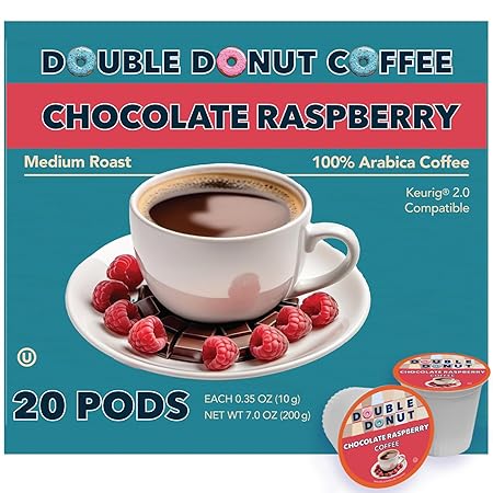 Double Donut Chocolate Raspberry Flavored Coffee Pods, Medium Roast Coffee, compatible with Keurig K Cups Brewers, 20 Count
