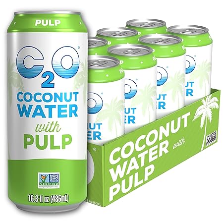 C2O - Coconut Water with Pulp (8 Pack) - Made with Fresh Coconut Water - Plant Based - Non GMO - Canned Water - Natural Hydration, Essential Electrolytes, & Potassium - 8 Cans, 16.3 FL OZ